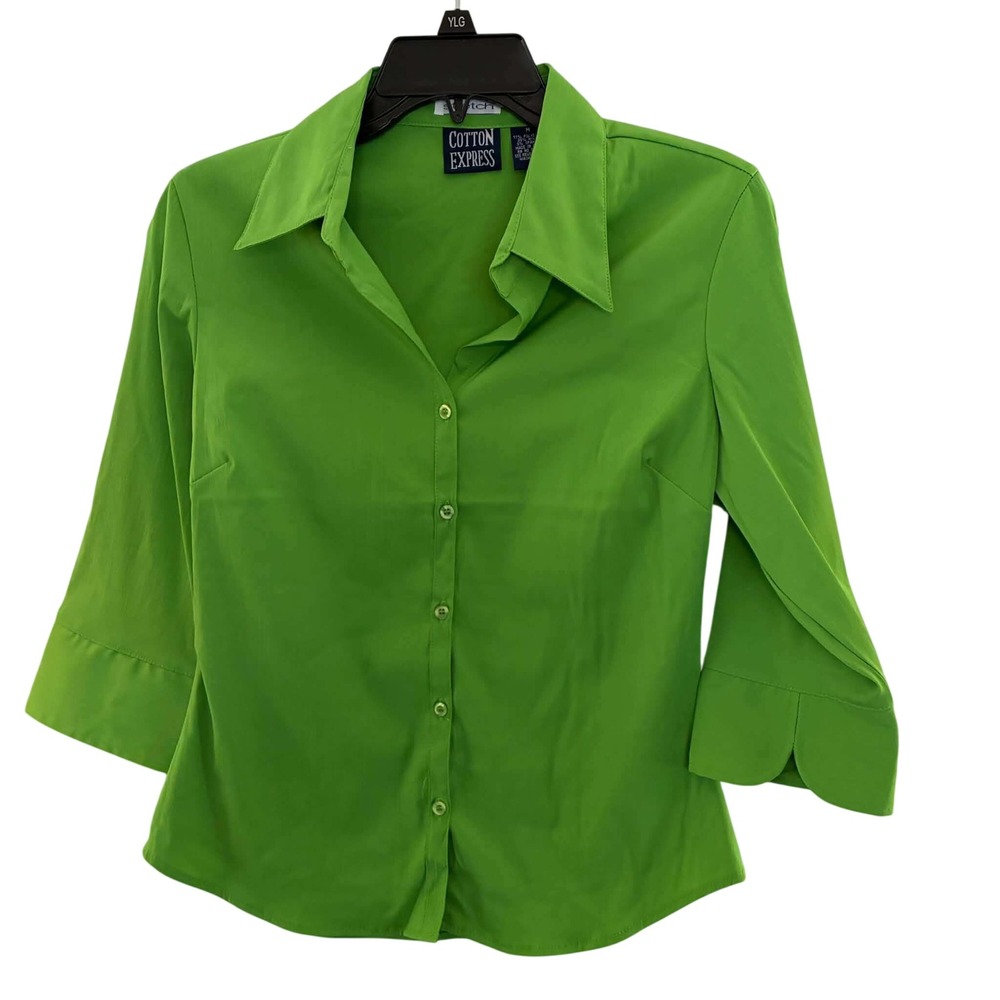 Cotton Express Button Down Top Womens M Green 3/4 Sleeve Petal Cuff Cottagecore